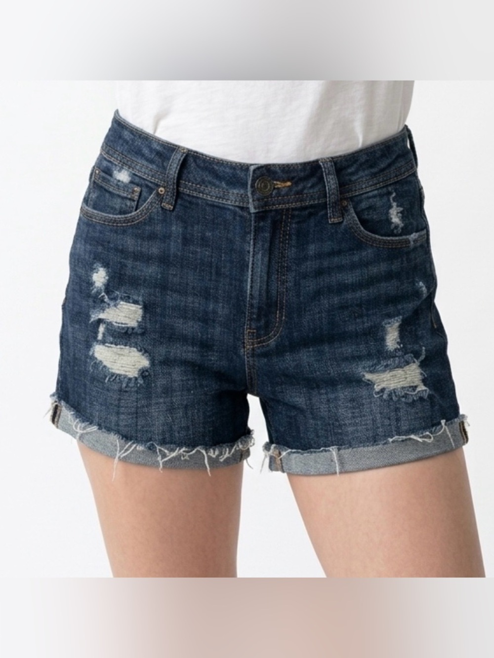 Studio Dark Blue Distressed Roll-Cuff Jean Shorts
